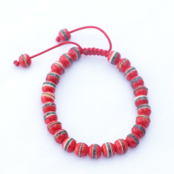 Red Inlaid Yak Bone Wrist Mala/ Bracelet with Adjustable Knot