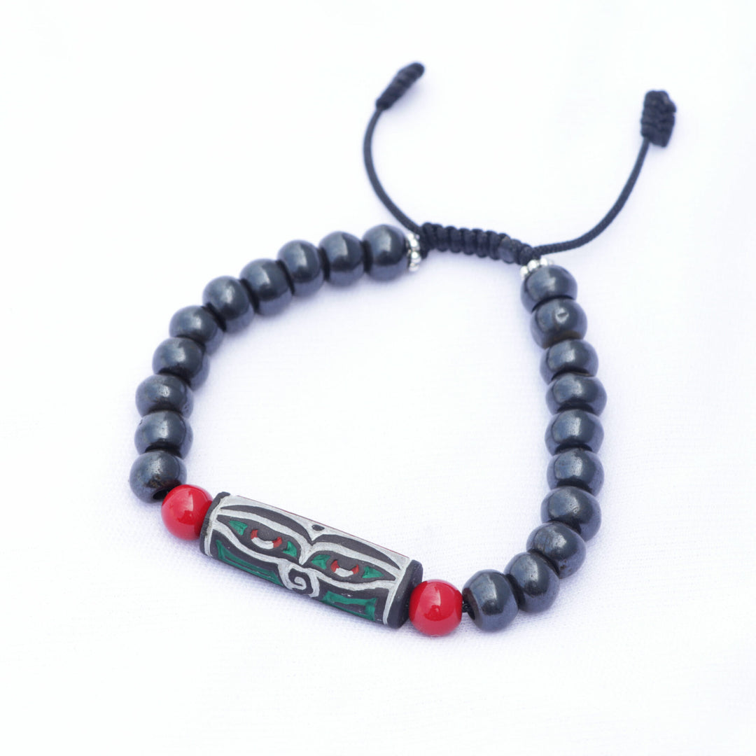 Wisdom Buddha Eye Yak Bone Wrist Mala/ Bracelet with Adjustable Knot