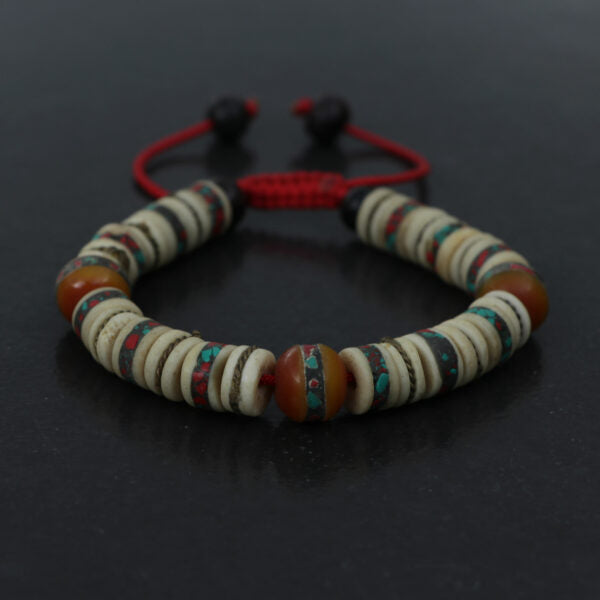 Inlaid Yak Bone Wrist Mala with Amber beads and Rose Wood