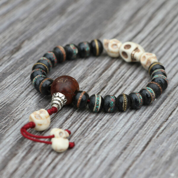 Black Bodhi Skull Inlaid Yak Bone Wrist Mala