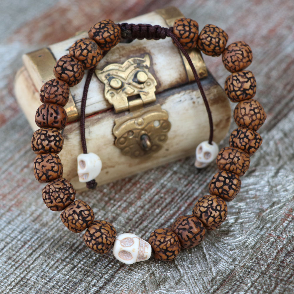 Contemplate Skull & Rudraksha Seed Wrist Mala with Adjustable Knot
