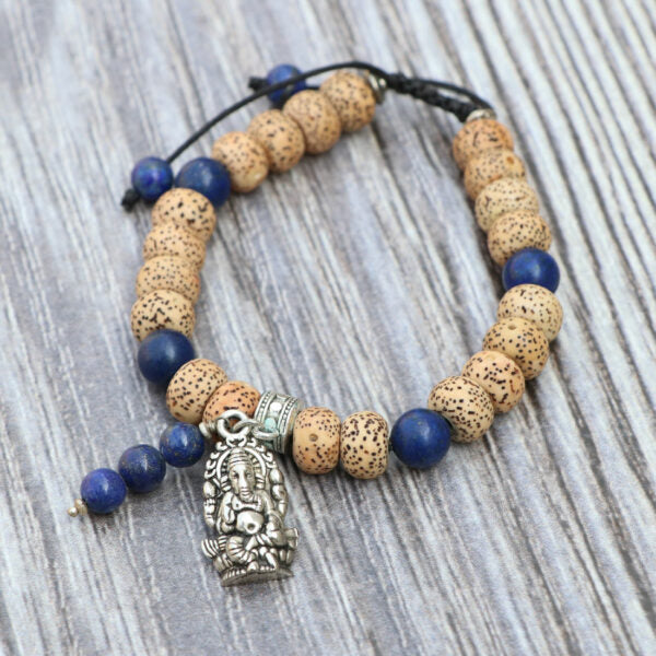 Ganesh Charm Lotus Seed Wrist Mala With Lapis Lazuli