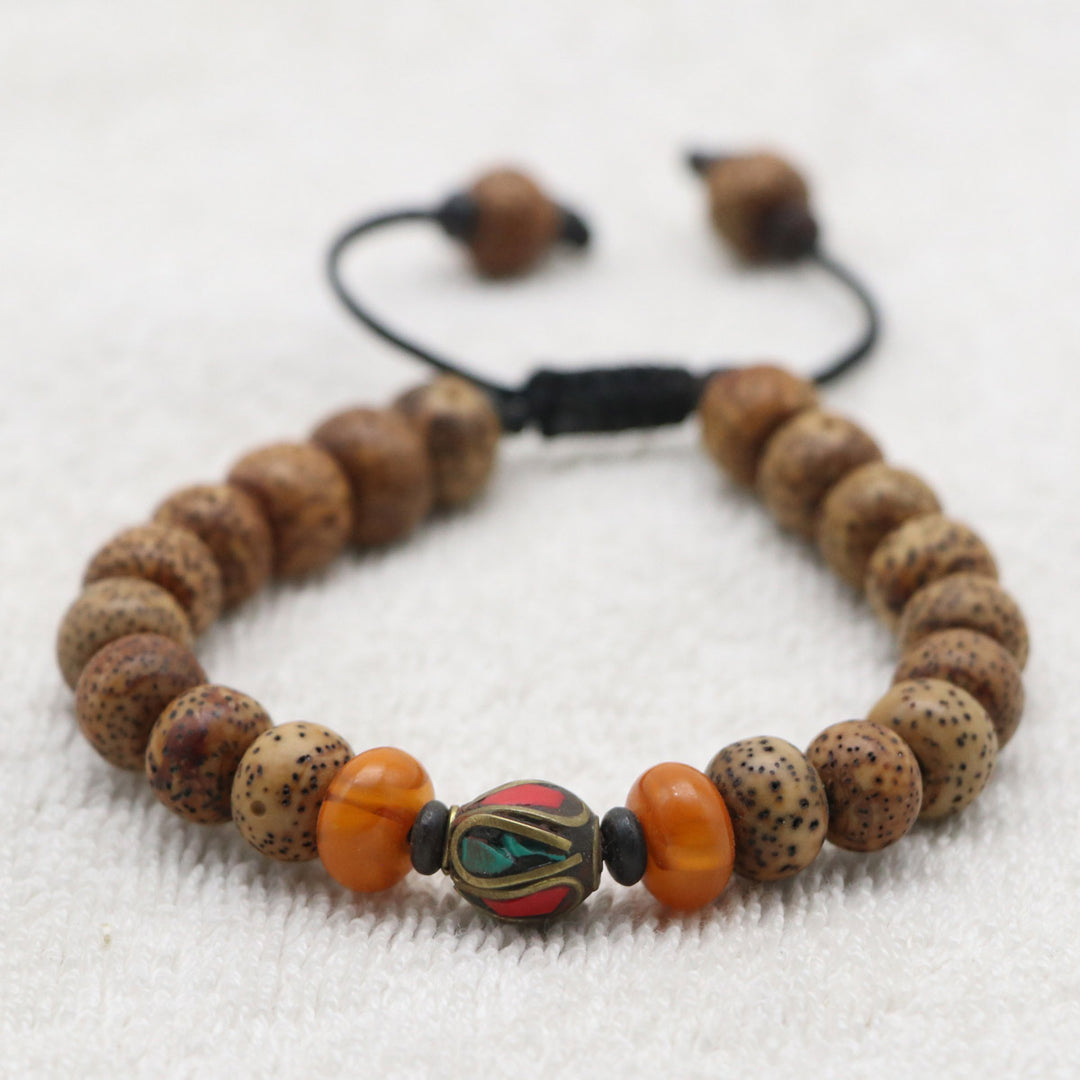 Brown Lotus Seed Wrist Mala With Inlaid Brass Spacer