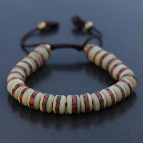 Inlaid Yak Bone Wrist Mala with Red Coral Stone