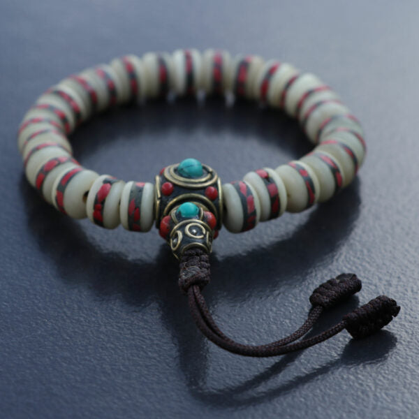 Red & White Yak Bone Wrist Mala with Inlaid Brass Bead