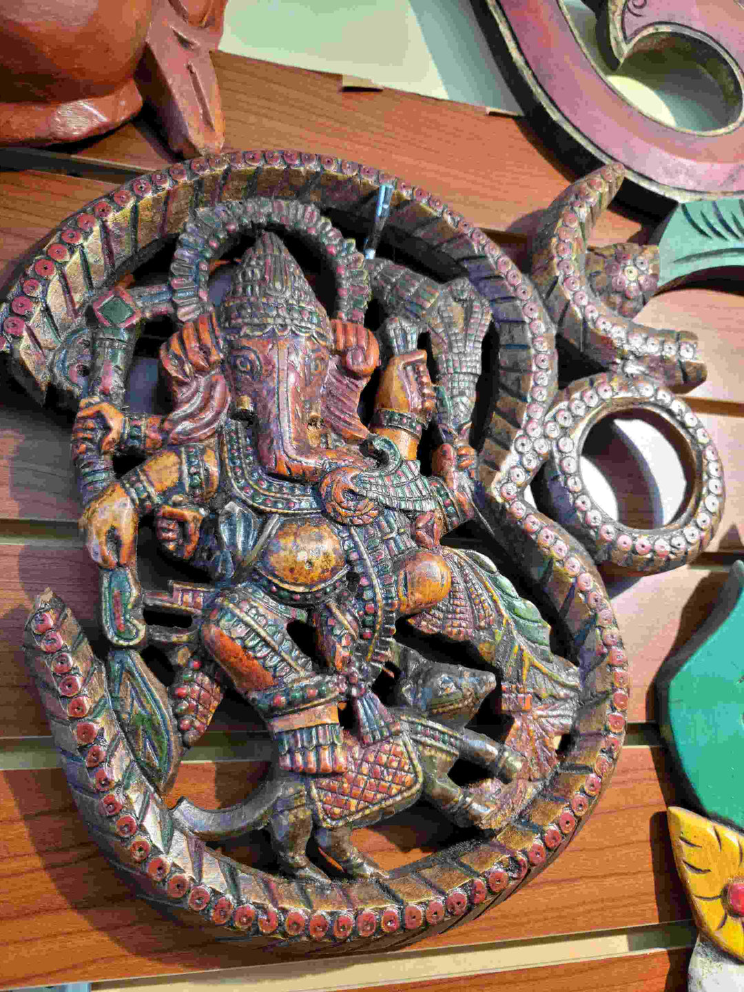 Wooden Carved Om with Ganesha.