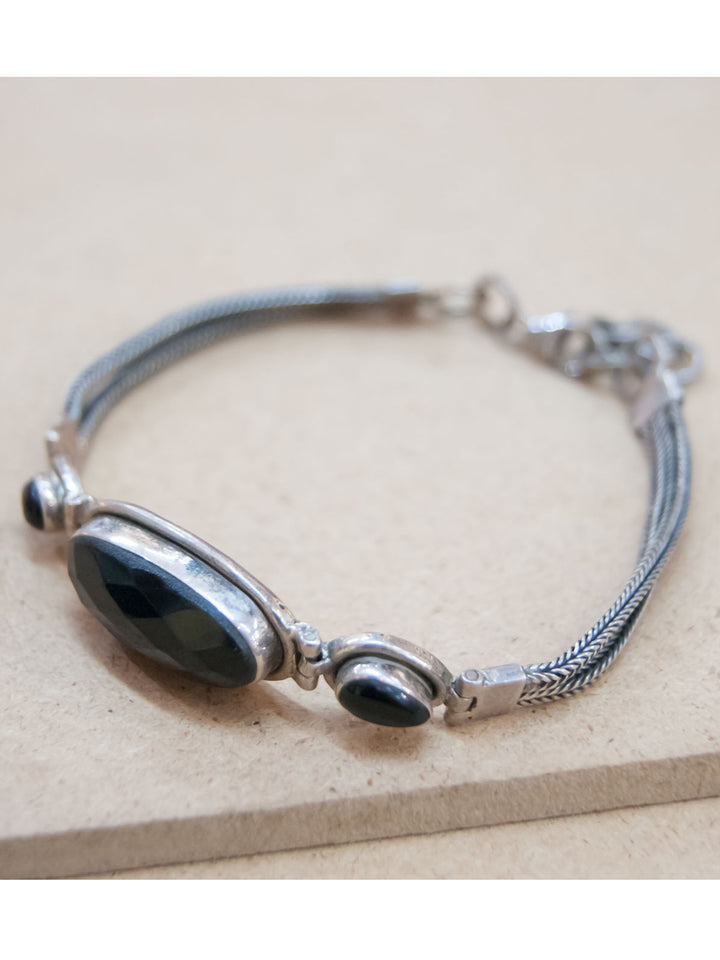 3 Stone  Oval Black Onyx Silver Bracelet