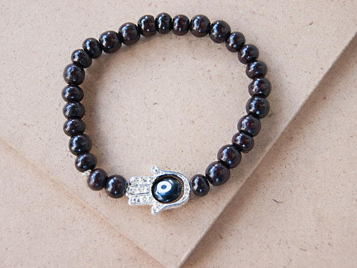 Charmed Mala - Rosewood Beaded Bracelet With Hamsa Charm