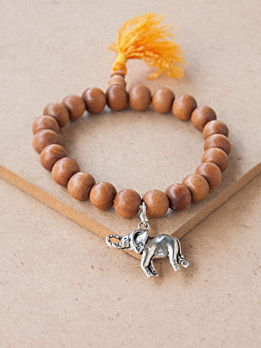 Charmed Mala - Sandal Wood Beaded Bracelet With Charm ( Elephant )
