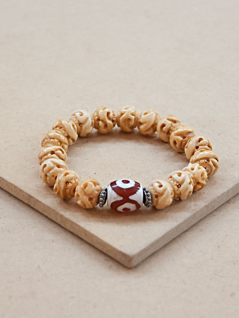 Mala Bracelet - Bone With Red And White Dzi Bead Mala Bracelet