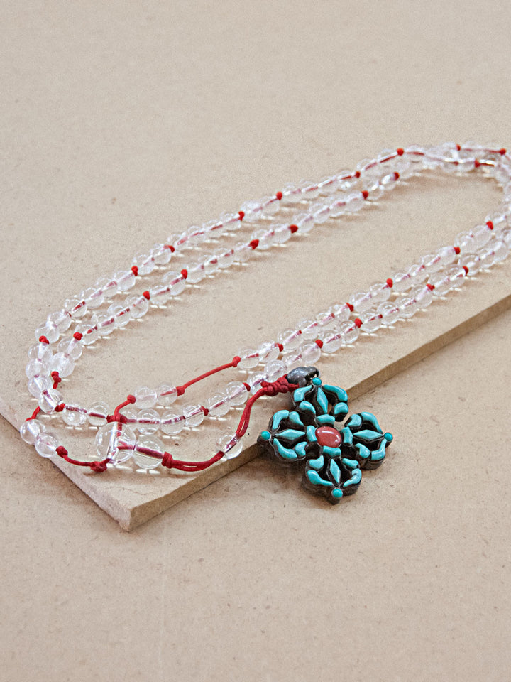 Malabead - Clear Crystal Quartz With Sterling Silver Turquoise Vajra Dorjee Pendant Mala Bead
