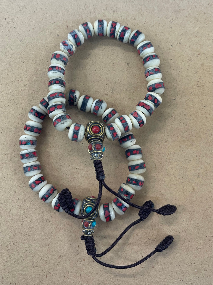 Red & White Yak Bone Wrist Mala with Inlaid Brass Bead