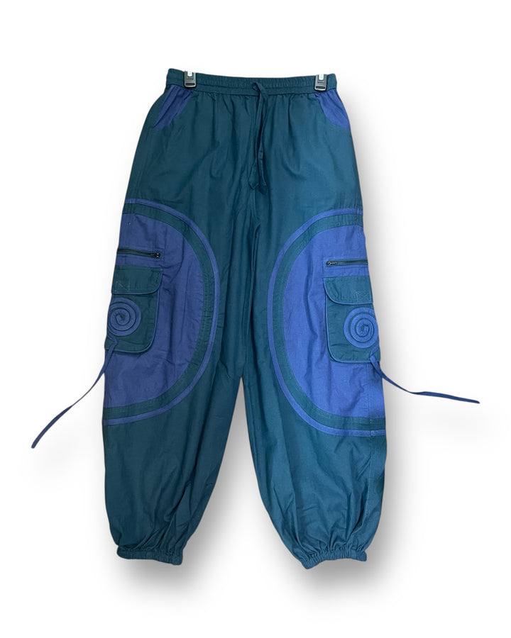 Tribal Spiral Cargo Harem Pants – Artistic Patch Joggers with Utility Pockets