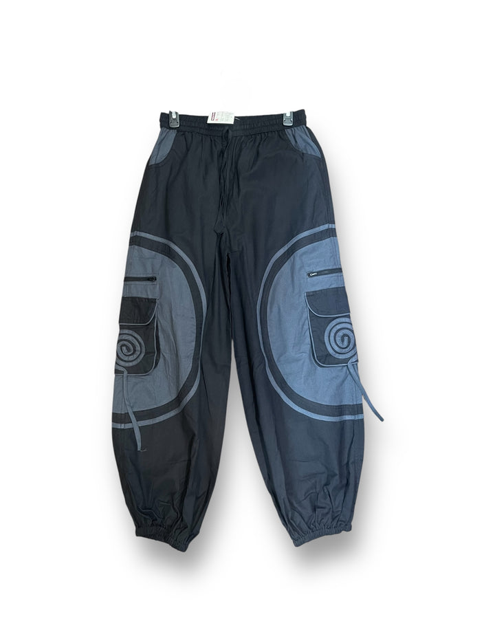Tribal Spiral Cargo Harem Pants – Artistic Patch Joggers with Utility Pockets