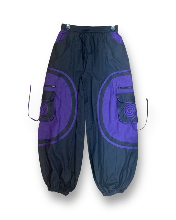 Tribal Spiral Cargo Harem Pants – Artistic Patch Joggers with Utility Pockets