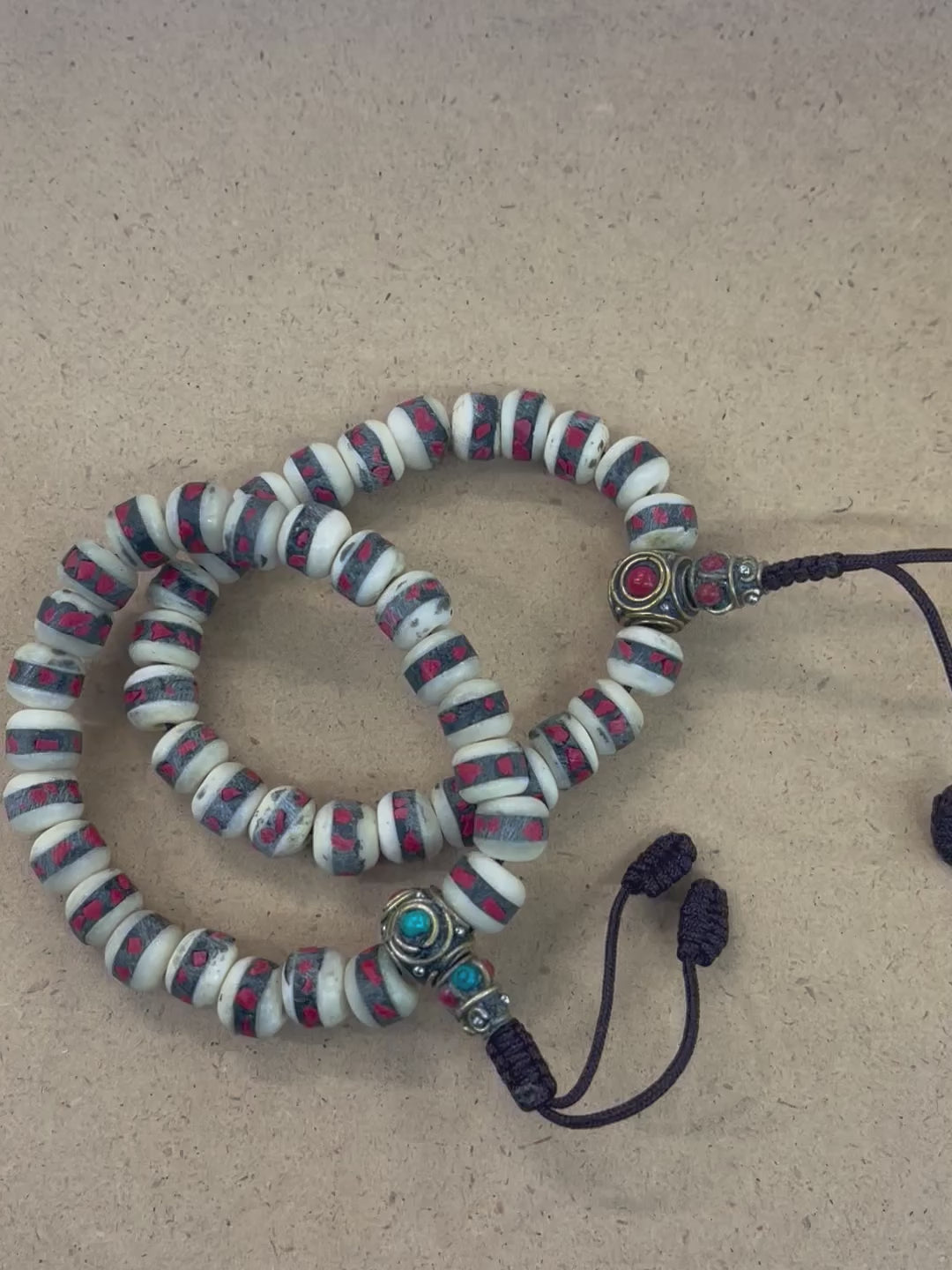 Red & White Yak Bone Wrist Mala with Inlaid Brass Bead