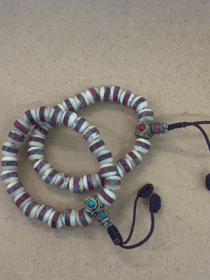 Red & White Yak Bone Wrist Mala with Inlaid Brass Bead