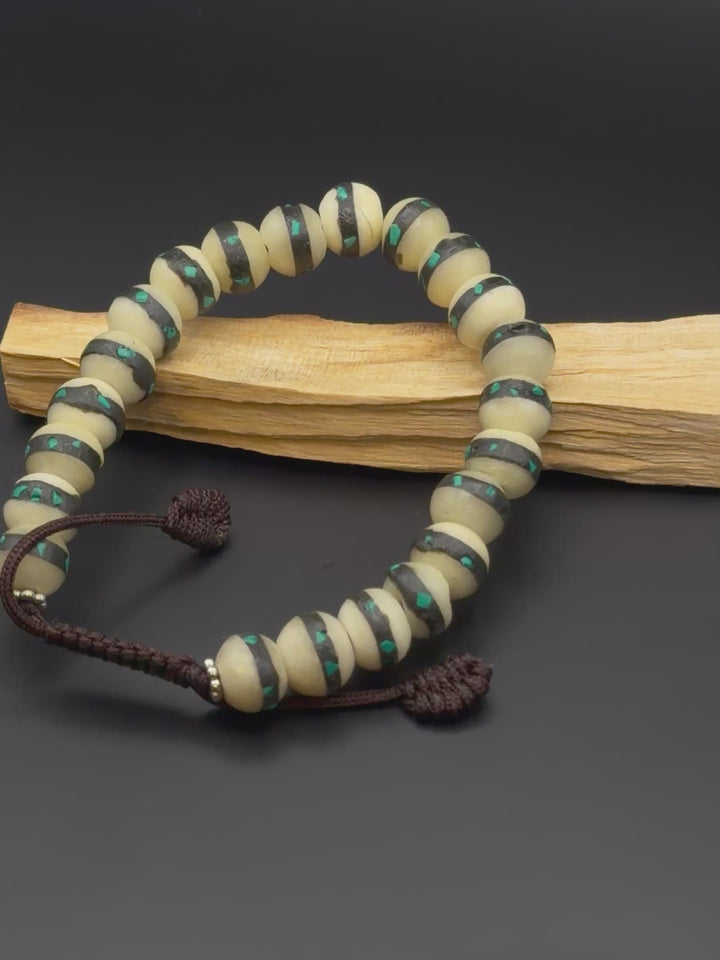 Inlaid Yak Bone Wrist Mala with Turquoise Stone