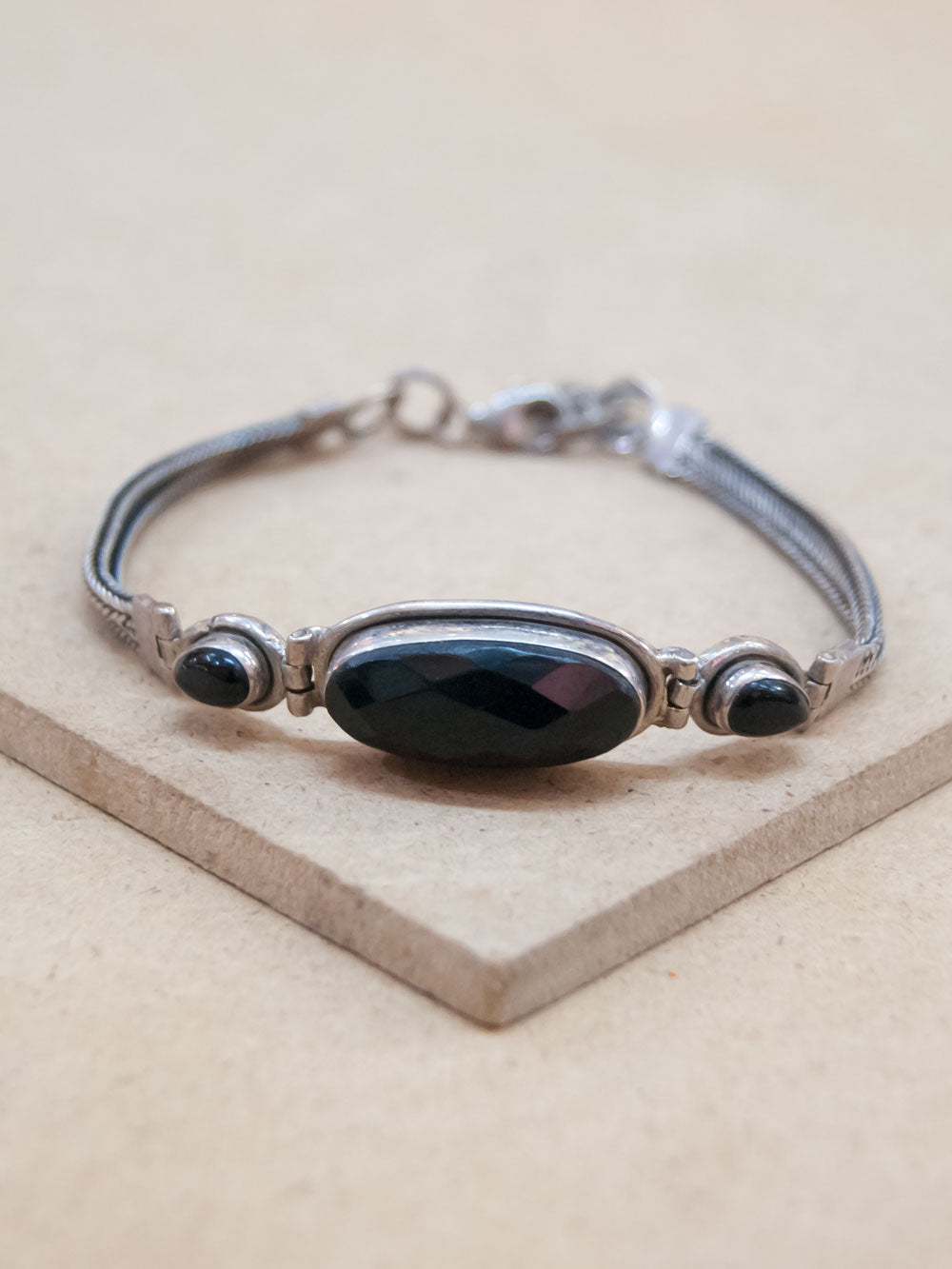 3 Stone  Oval Black Onyx Silver Bracelet