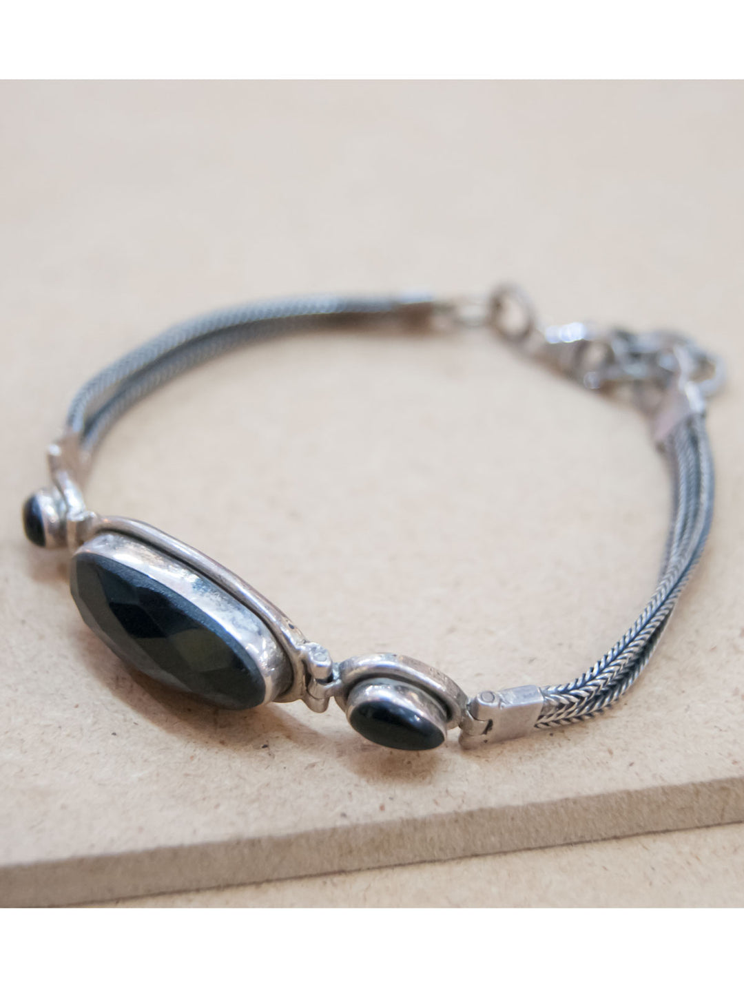 3 Stone  Oval Black Onyx Silver Bracelet