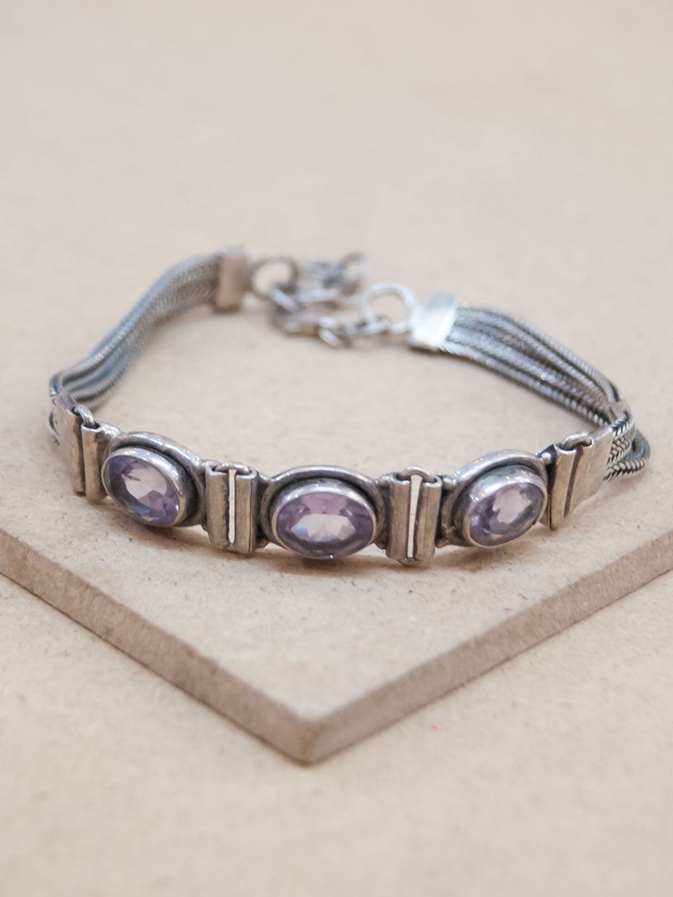 3 Stone Amethyst Silver Bracelet