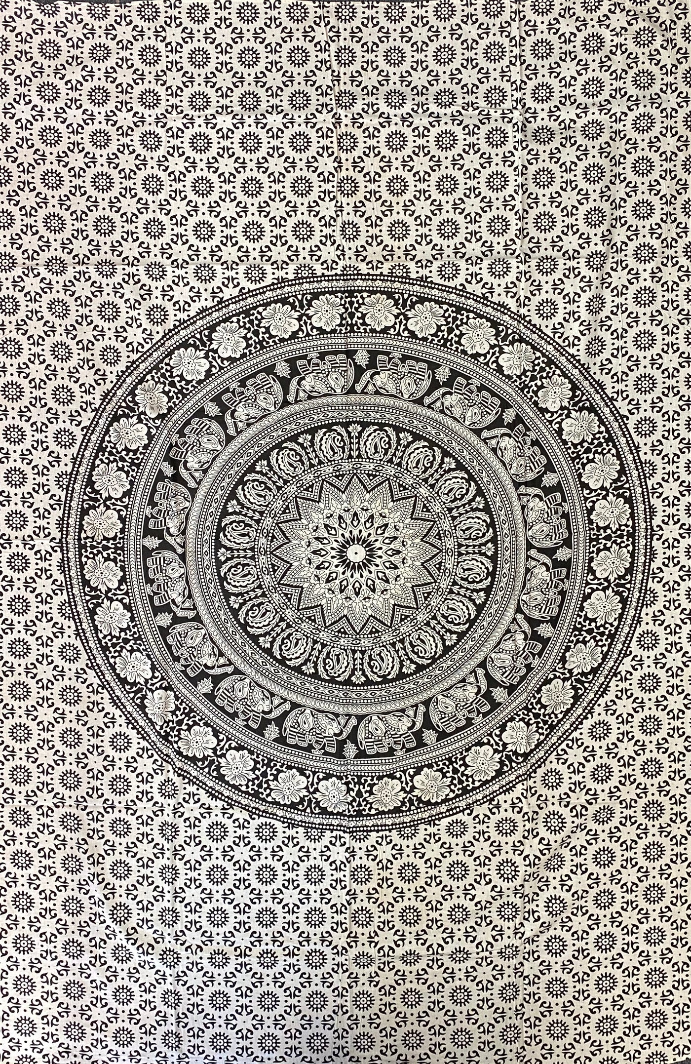 Black and White Elephant Floral Mandala Cotton Tapestry ( Twin / Single )