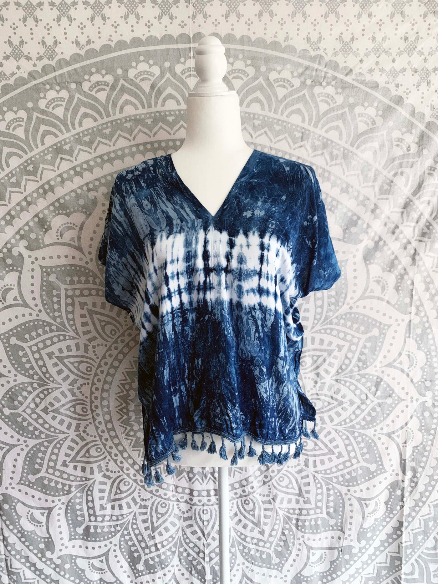 V - Neck Top with Fringe Rayon Tie Dye