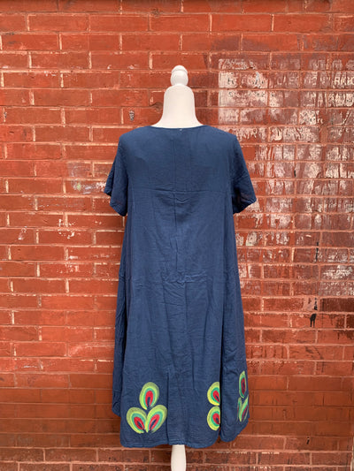 Short Sleeve Button Down Midi Dress with Hand Painted Flower Cotton Dress