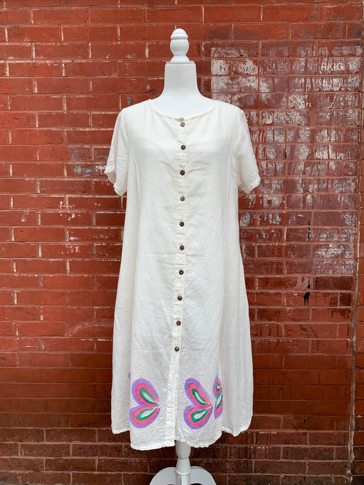 Short Sleeve Button Down Midi Dress with Hand Painted Flower Cotton Dress