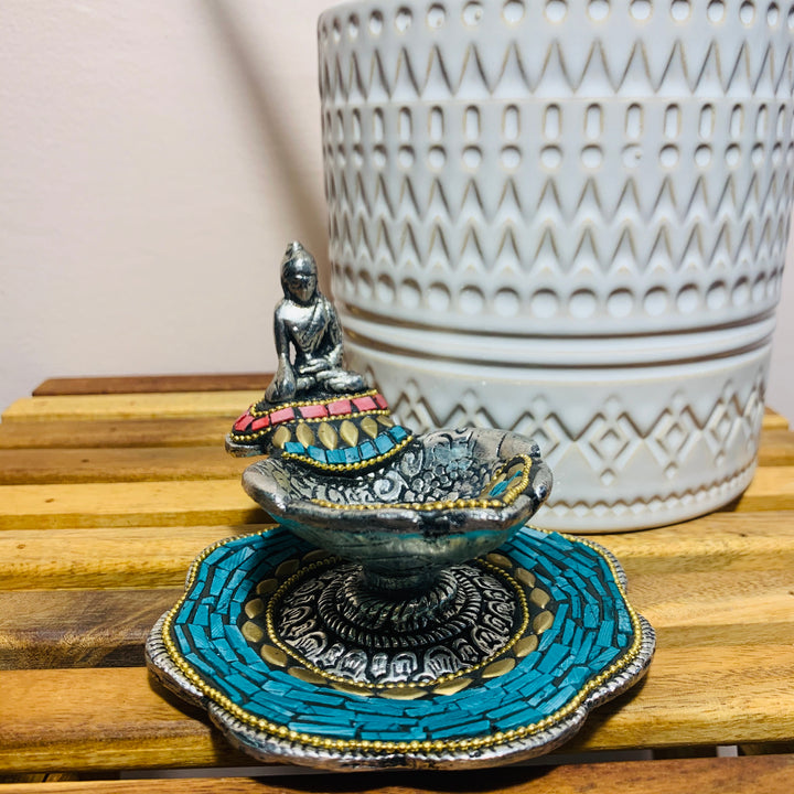 Double Tier Buddha Incense Burner with Stone Inlay