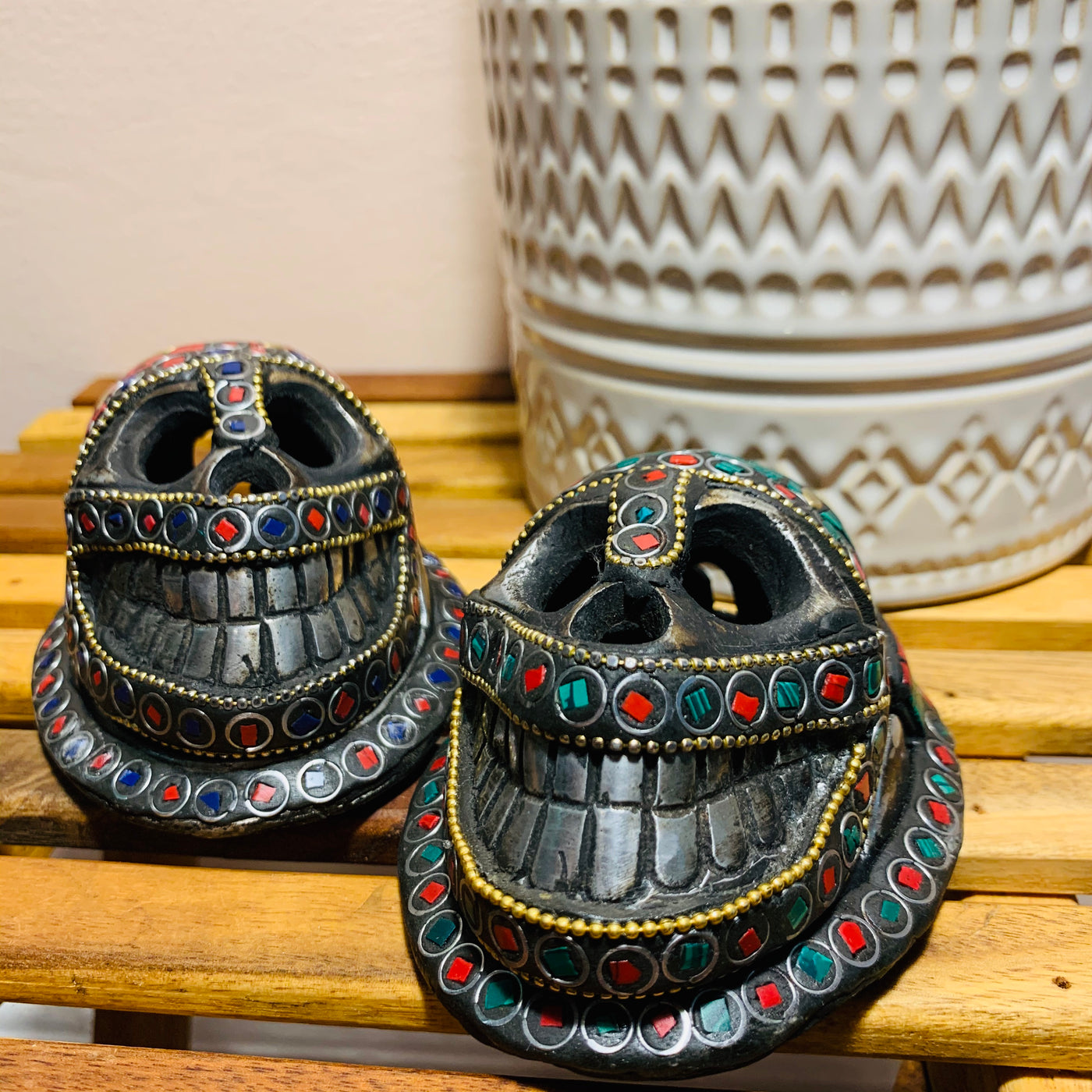 Skull Incense Burner with Stone Inlay