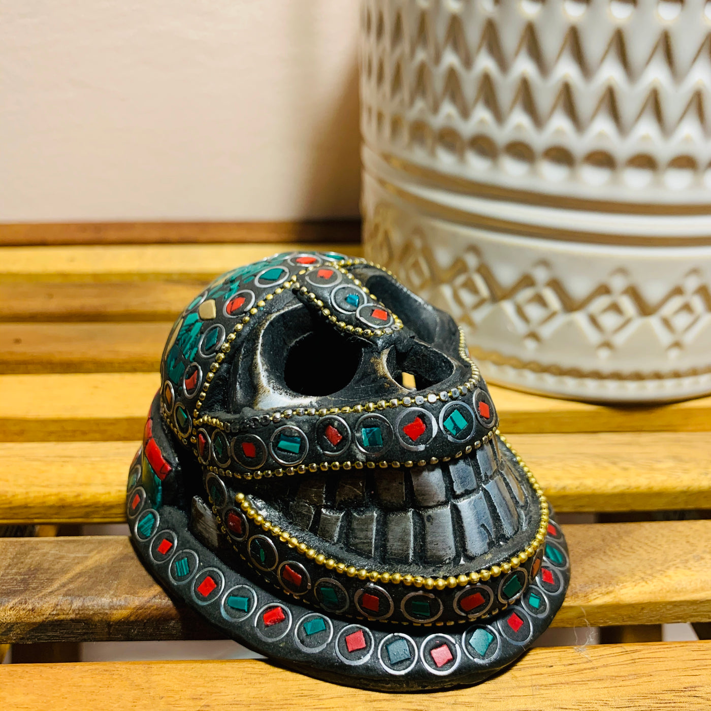Skull Incense Burner with Stone Inlay