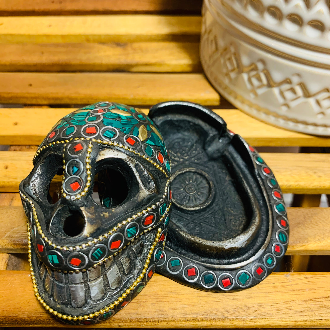 Skull Incense Burner with Stone Inlay