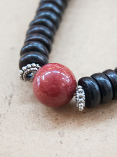 Mala Bracelet - Wood Beaded Bracelet With Red Stone