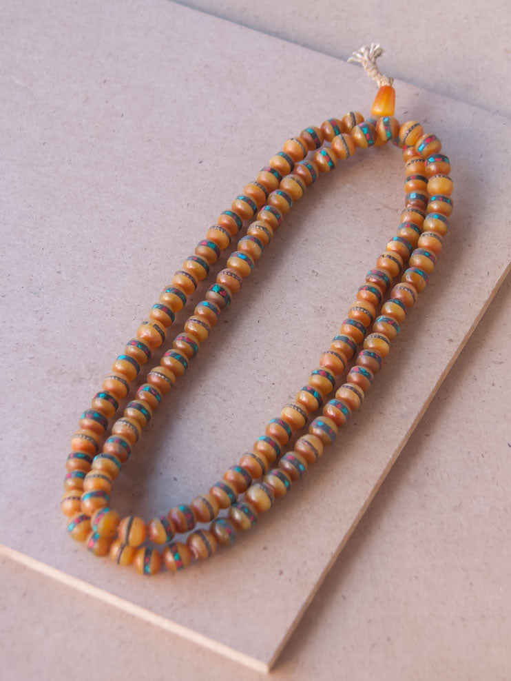 Malabead - Amber With Turquoise And Coral Inlay