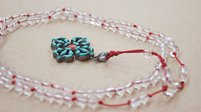 Malabead - Clear Crystal Quartz With Sterling Silver Turquoise Vajra Dorjee Pendant Mala Bead