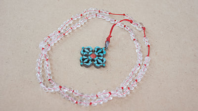 Malabead - Clear Crystal Quartz With Sterling Silver Turquoise Vajra Dorjee Pendant Mala Bead