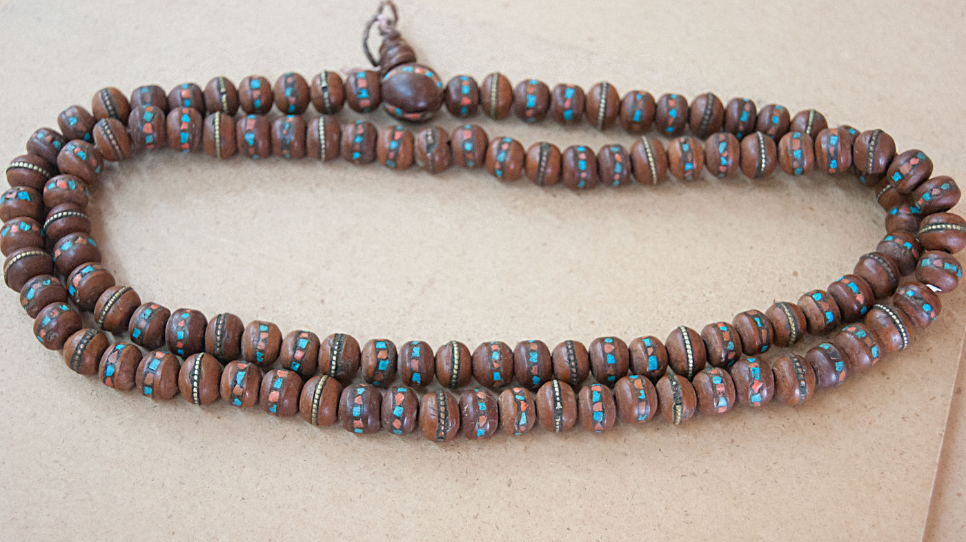 Malabead - Wood Mala Bead With Turquoise And Coral Inlay