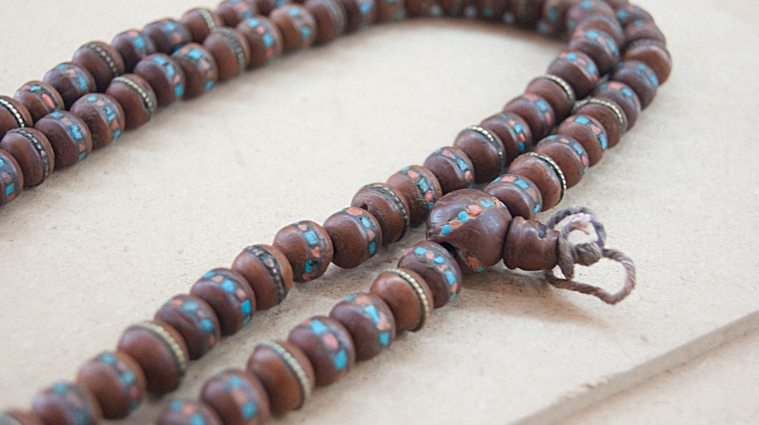 Malabead - Wood Mala Bead With Turquoise And Coral Inlay