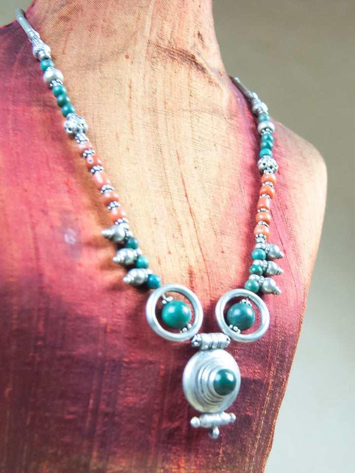 Necklace - Green Turquoise With Light Red Coral Silver Necklace