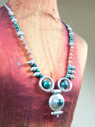 Necklace - Green Turquoise With Light Red Coral Silver Necklace