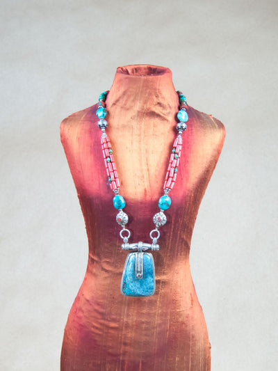 Necklace - Large Turquoise Pendant With Red Coral Beads Silver Necklace