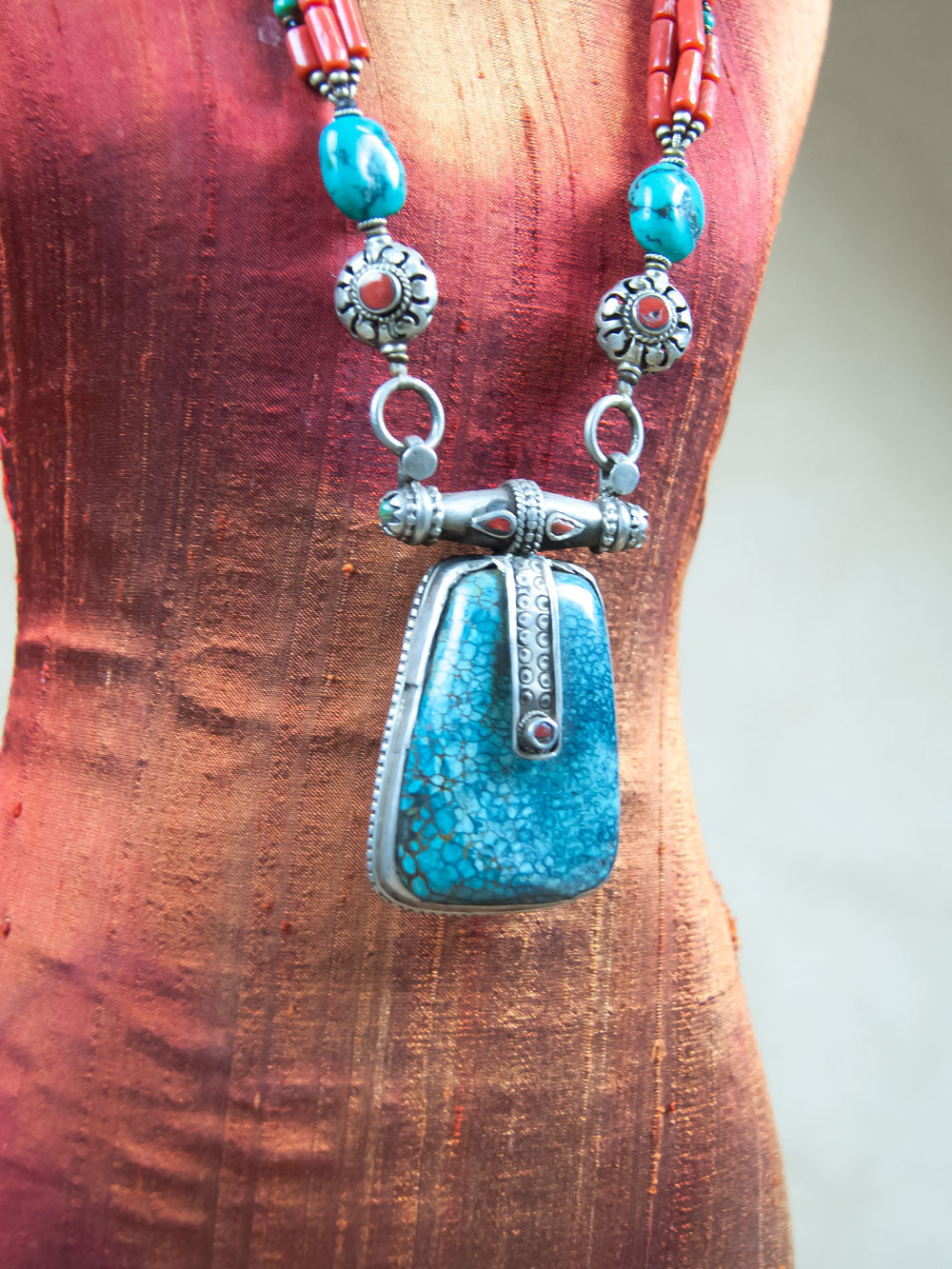 Necklace - Large Turquoise Pendant With Red Coral Beads Silver Necklace