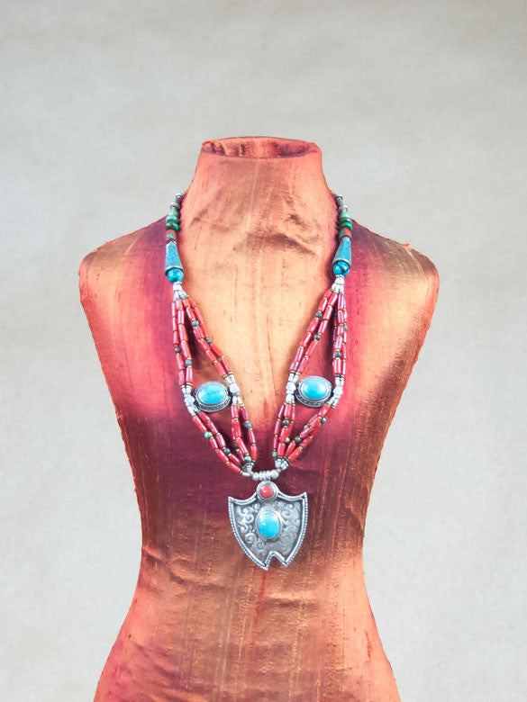 Necklace - Red Coral Beaded Turquoise Silver Necklace