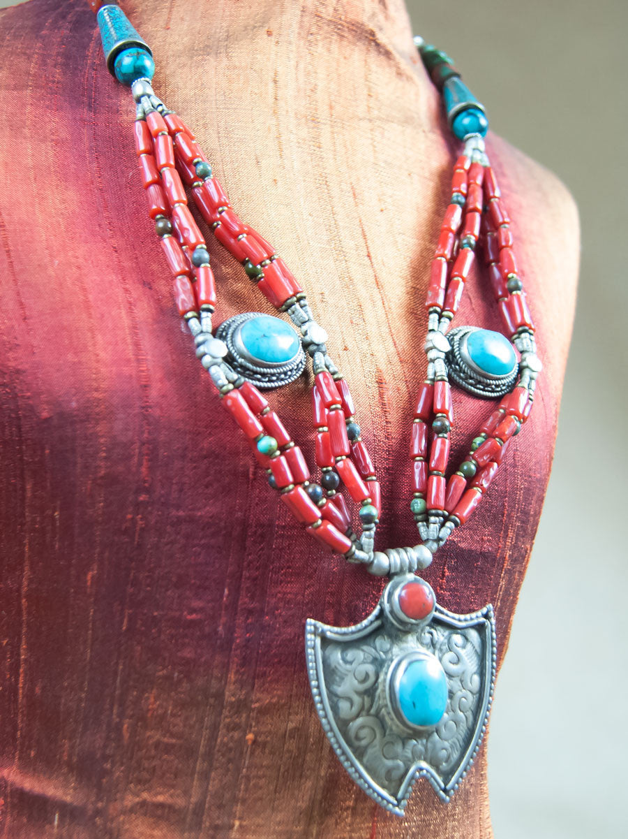 Necklace - Red Coral Beaded Turquoise Silver Necklace
